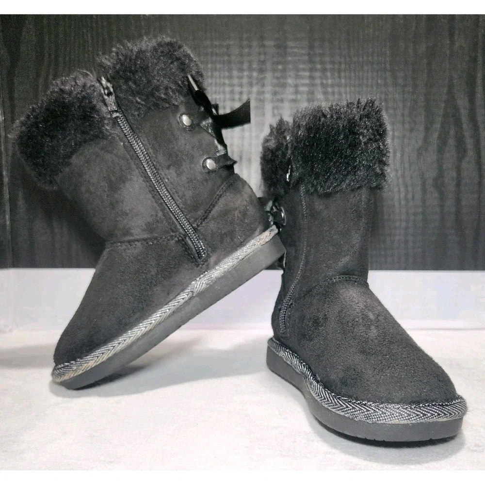 Black Faux Fur Shimmer Bow Winter Boots Toddler Size 8
